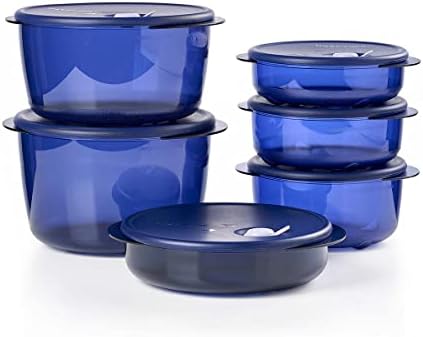 Nou Tupperware Vent n servi cuptor cu microunde Container mic & amp; Set rotund mare de 6 în albastru Indigo