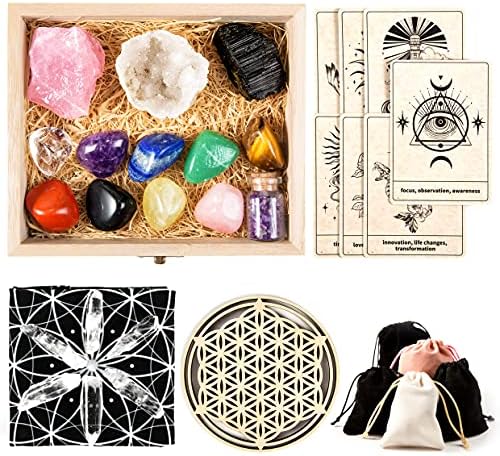 Qallicon Premium Healing Crystals Set pentru vindecarea chakrei, îndrumare spirituală, divinare includ cristale și pietre de