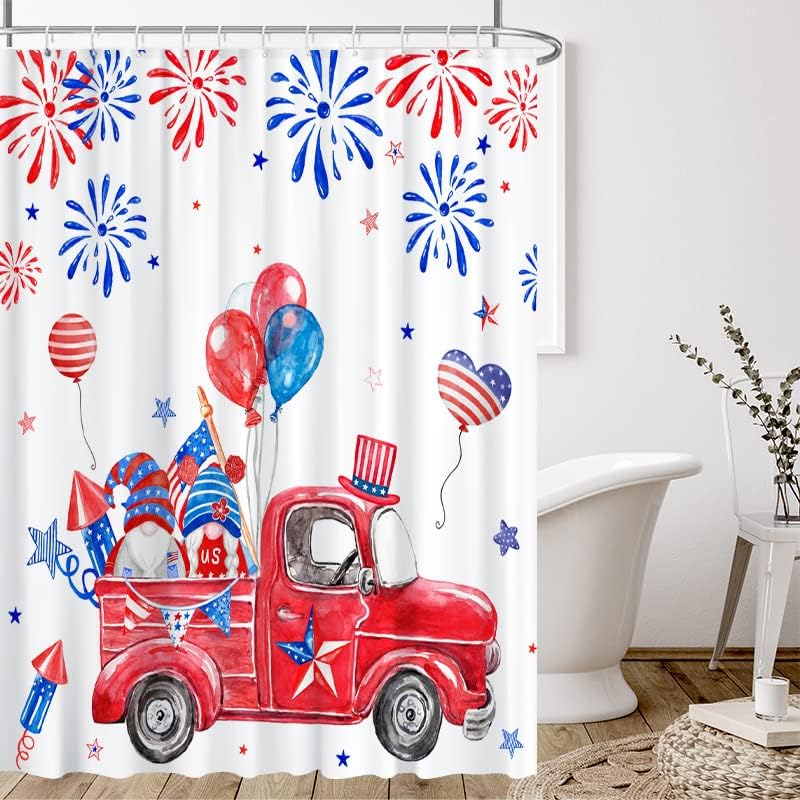 Lofaris 4 iulie zi de independență perdea de duș pentru gnomi de baie camion roșu steaguri americane baloane artificii artificii