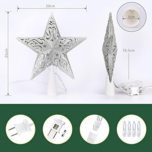 Brizlabs Christmas Star Tree Topper Luminat, 8 ”pentagram scobit de argint cu lumini de treetop de Xmas, de 10 becuri, UL Certificat