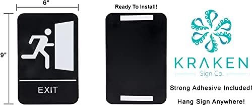 Kraken Sign Co. - ADA Ieșire Sign cu braille - alb -negru, 9 x 6 - Foarte vizibil cu suport auto adeziv - plastic