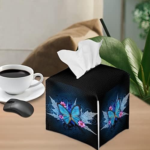 Poceacles Blue Butterfly Flower Tissue Box Cover, suport pentru cutie de țesut din piele cu centură de Jos, Organizator cutie