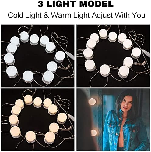 Yewclls LED Vanity lights strip kit pentru oglindă, stil Hollywood 10 lumină reglabilă 12 becuri 3 moduri de culoare pentru