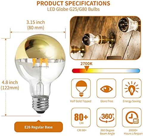 Bec Meconard jumătate crom G80 / G25 LED Filament Vintage Edison bec cu Reflector jumătate de aur, 6 Watt echivalent 60Watt,