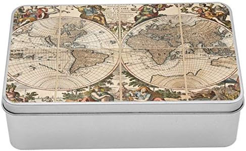 Ambesonne Antique World Map cutie de tablă, compoziție cu continente vechi cuvinte latine renascentiste în Evul Mediu, cutie