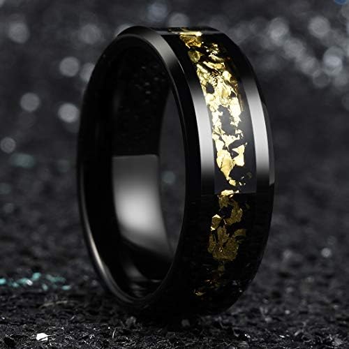 King Will Nature Mens 8mm Negru / Argintiu carbură de Tungsten inel de nunta cu negru și auriu folii incrustate margine teșită