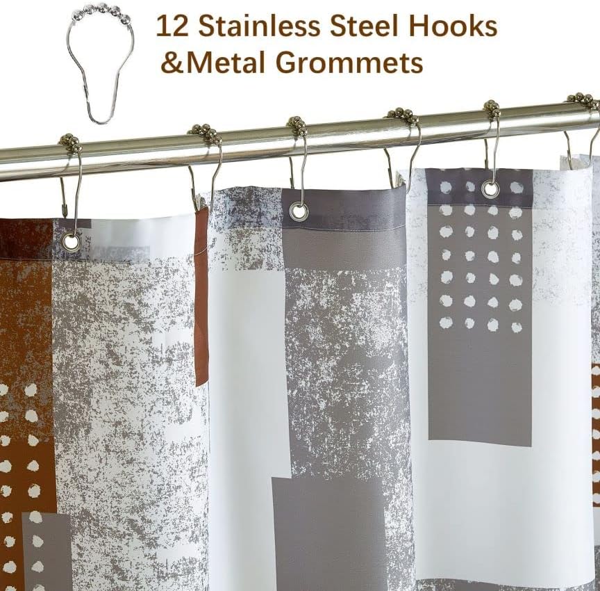 Set de perdele de duș geometrice maro Yostev cu cârlige metalice, maro și negru alb de țesătură modernă perdea de duș pentru