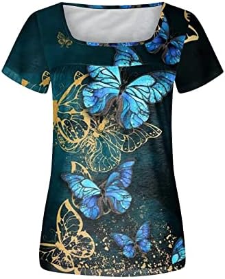 Femei Pătrat Gât Tricouri Baggy Cutat Tunica Topuri Scurt Maneca Gradient Bluze Vara Florale Imprimate Agrement Tee Shirt