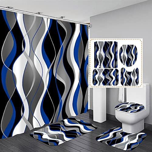 Nkzply 4 buc Set de perdele de duș cu dungi albastre și negre Seturi de baie gri și alb cu perdea de duș și covoare decor Modern