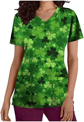 Femei St. Patrick ' s Day Topuri maneca scurta de lucru uniformă bluza V-Neck vrac Verde Grafic Workwear cu buzunare