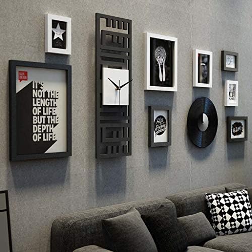 ZXW perete foto simplu cu ceasuri decorative, amestec retro și potriviți 8 rame foto și 2 accesorii, rame foto combinate set-negru+alb