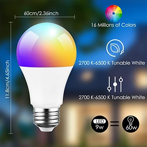 Honoson Smart LED bec culoare schimbare bec Dimmable becuri inteligente compatibil cu WiFi Becuri compatibil cu aplicația Cync,