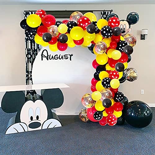 Mickey Mouse Balloons Garland Arch Kit, 100 pcs roșii negre de confetti galben pentru că tema mouse -ului de desene animate