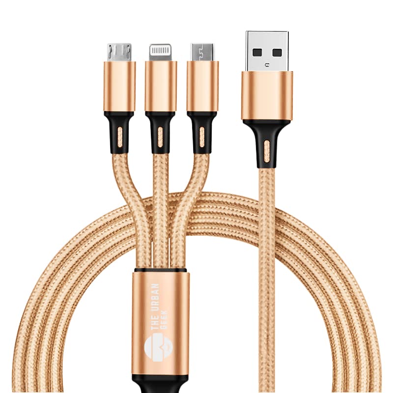 Cablul de încărcare 3-în-1 urbangeek-Cablu de încărcare rapidă împletit din nailon de 3,28 ft compatibil cu iPhone, Android,