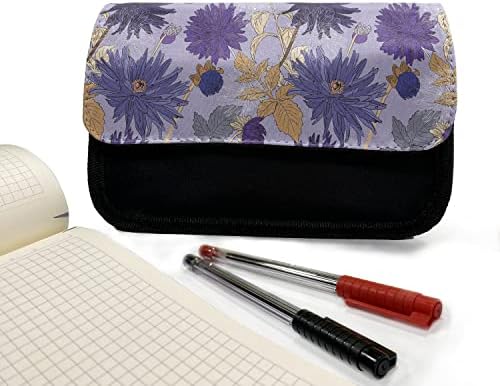 Carcasă cu creion floral lunarabil, flori de aster grădină violet, pungă de creion cu stilou din țesătură cu fermoar dublu,