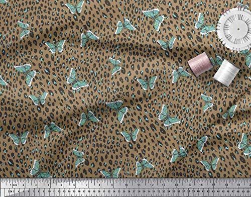 Soimoi Brown bumbac Jersey Fabric fluture artistice & amp; Leopard animale piele Decor Fabric imprimate curte 58 Inch Wide