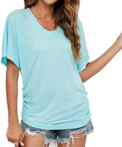 Tricouri de vară pentru femei V gât maneca scurta Topuri Culoare solidă Tee Casual T Shirt Trendy Bluze Ruched Slim Fit tunica