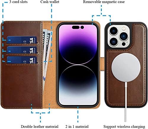 Carcasă Portofel KOSSMA pentru iPhone 14 Pro, compatibilă cu Mag Safe încărcare magnetică fără fir carcasă Flip din piele naturală