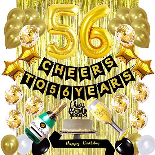 Gold 56th Birthday Decorations Decoration, Cheers to 56 ani Banner Balloane 56 Tort Topper topper Sash Gold Tinsel Folil Fringe