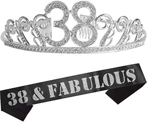 Mențiat2Tobe 38th Birthday Sash and Tiara for Women - Fabulous Glitter Sash + Waves Rhinestone Silver Premium Metal Tiara pentru