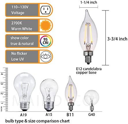 Maindeco CA10 / CA11 becuri de lumânare cu candelabru LED 25W echivalent, nuanță vârf flacără 2700K becuri cu Filament LED alb cald, bază E12 / Candelabre, pachet de 12