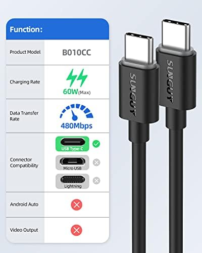 Cablu SunGuy USB C la USB C, [2-pachet, 1ft] Tip C pentru tip C Cablu C 60W PD Cablu de încărcare rapidă compatibil pentru