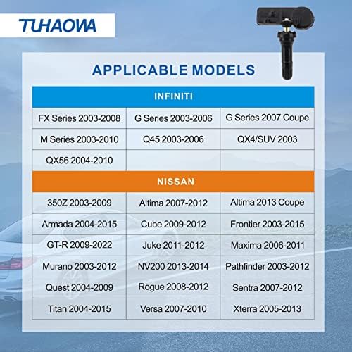 Senzor de presiune a anvelopelor Tuhaowa TPMS Compatibil cu Infiniti Nissan pre-programate 315MHz Înlocuiți 40700-JA01B 40700-1AA0B