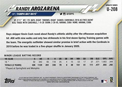 2020 TOPPS Actualizare Baseball U-208 Randy Arozarena Rookie Card Card Rays