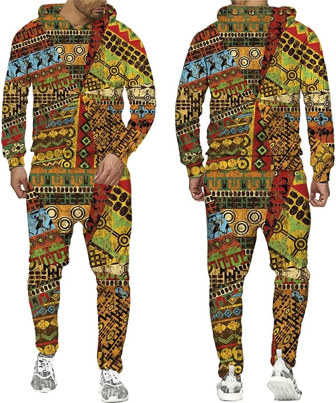 Pantaloni cu glugă tipărită 3D în stil etnic Set de pulovere de pulovere africane vintage, om de piese pentru bărbați casual