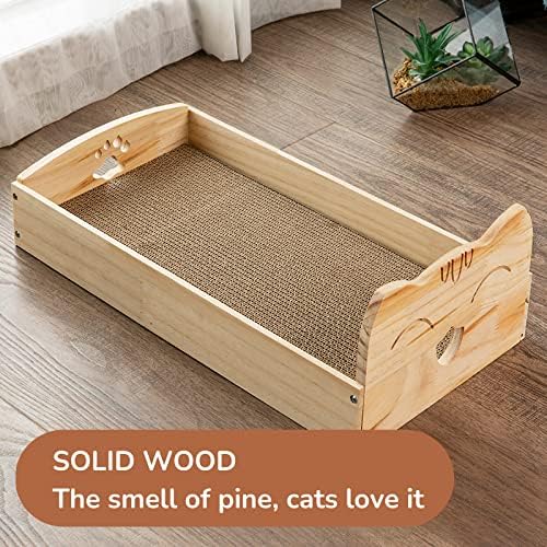 Placă de zgâriere pentru pisici Moorcat cu pat din lemn tampon de zgâriere ondulat pentru pisici de interior, Cutie de zgârieturi