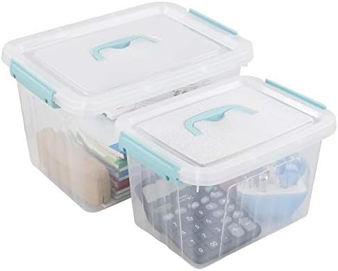 Cutii de depozitare transparente de 12 litri și 6 litri cu capac și mâner verde mentă, cutie/Containere de depozitare din plastic stivuibile multifuncționale