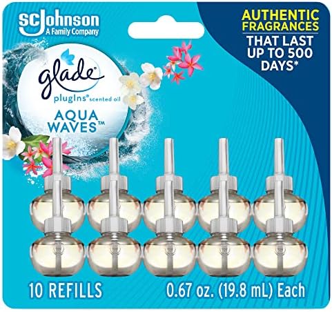 Glade PlugIns reumple odorizant de aer, uleiuri parfumate și esențiale pentru casă și baie, Aqua Waves, 6.7 fl Oz, 10 Count