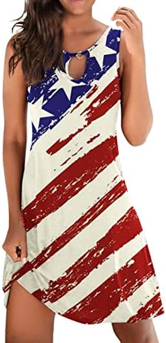 4 iulie rochie pentru femei Casual Vara plaja rochie steagul American Keyhole Fără mâneci O-gât dungi Tie-Dye Sundress
