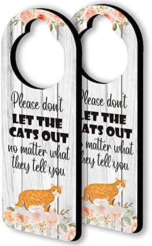 Orange Cat Funny Wooden Door Hanger Sign, pachet 2, Nu lăsați pisica să iasă semn amuzant, decorare amuzantă pentru casă pentru pisici Ideal pentru utilizare în crescătorie, casă pentru pisici, cadou pentru iubitorii de pisici