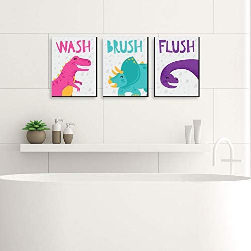 Big Dot of Happiness Roar Dinosaur Girl - reguli de baie pentru copii artă de perete - 7,5 x 10 inci - Set de 3 semne-spălare,
