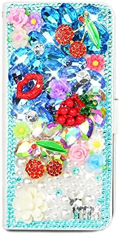 Fairy Art Crystal Wallet telefon caz compatibil cu Samsung Galaxy A33 5g-buze Cherry Strawberry-albastru-3D lucrate manual