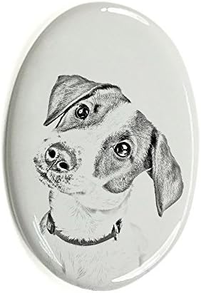 Jack Russel, piatră funerară ovală din plăci ceramice cu imaginea unui câine