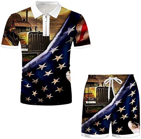 Topuri de tricou polo cu fermoar cu pantaloni scurți pentru bărbați 4 iulie patriotică Patriotic Patriots Outfits American