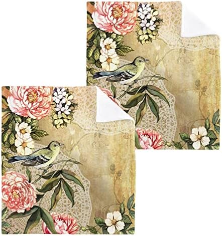 Set de pânză de spălat alza set de flori de păsări vintage - pachet de 6, cârpe de față din bumbac, prosoape de vârf de vârf