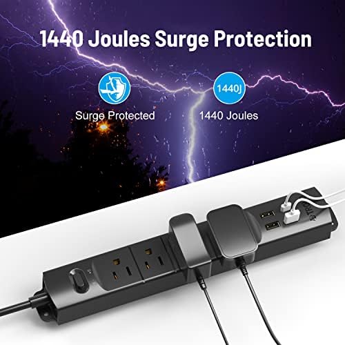 Surge Protector Power Strip cu USB, Trond Ultra subțire Plug plat 10ft Cord de extensie lungă 1625W, 3 USB A & 1 Tip C, 4 prize