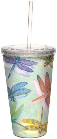 Dragonflies Double Wall Cool Cup cu paie, 16 uncii - cadou pentru iubitorii de libelule și grădinari - Salutări fără copaci