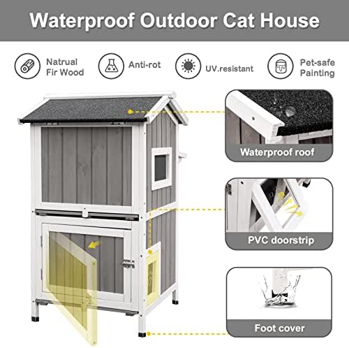 Petscosset în aer liber pentru pisici adăposturi rezistente la intemperii, două etaje din lemn în afara casei de pisici pentru