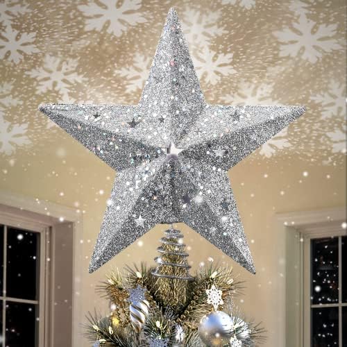 Proiectorul de zăpadă LED de zăpadă Star Star Christmas Treeper, 11,3 inci argintii Star Glittered Star Treetop luminat fulg