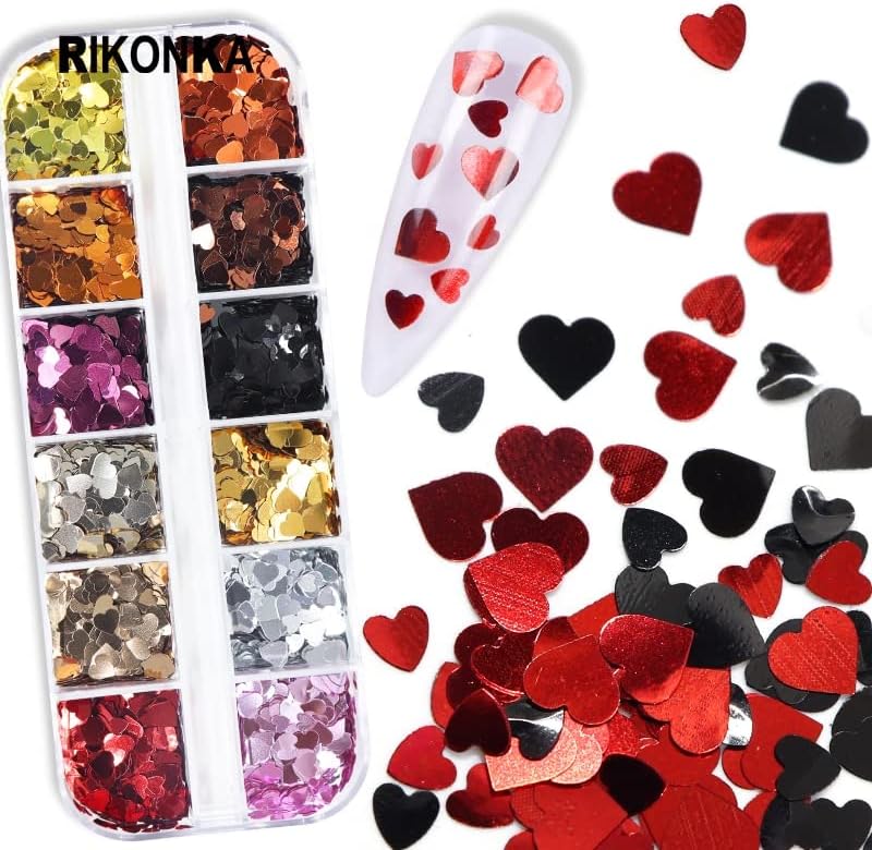 12Color Metallic Love Heart Nail Glitter Sequins mix fulgi Valentines decorare DIY pentru unghii cu unghii cu unghii de gel