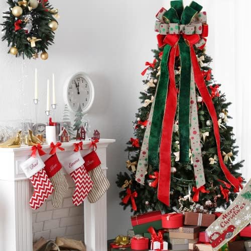 Arcul de Crăciun Arquiel de Crăciun, topper rustic de panglică de Crăciun, puncte de catifea roșie verde topper arc pentru